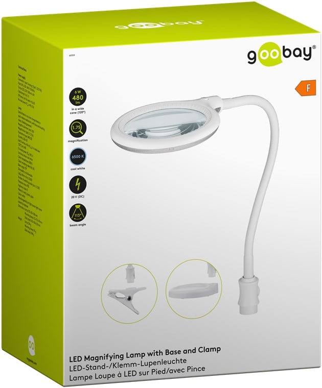 Lampada LED con Lente d'ingrandimento Base di Appoggio e Clip da Tavolo 6W Bianco GOOBAY - immagine 2