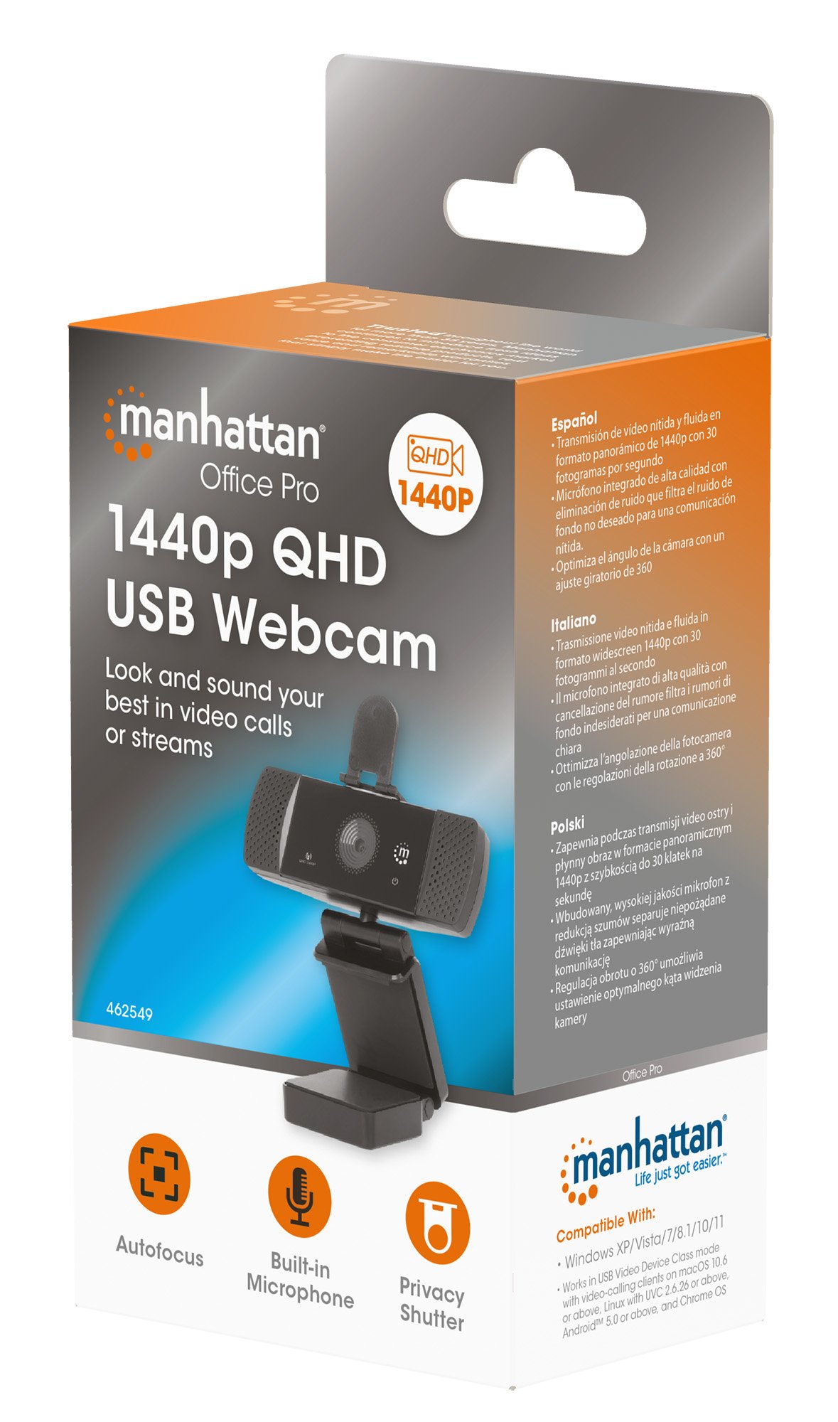 Webcam USB QHD 1440p con Cancellazione del Rumore MANHATTAN - immagine 2
