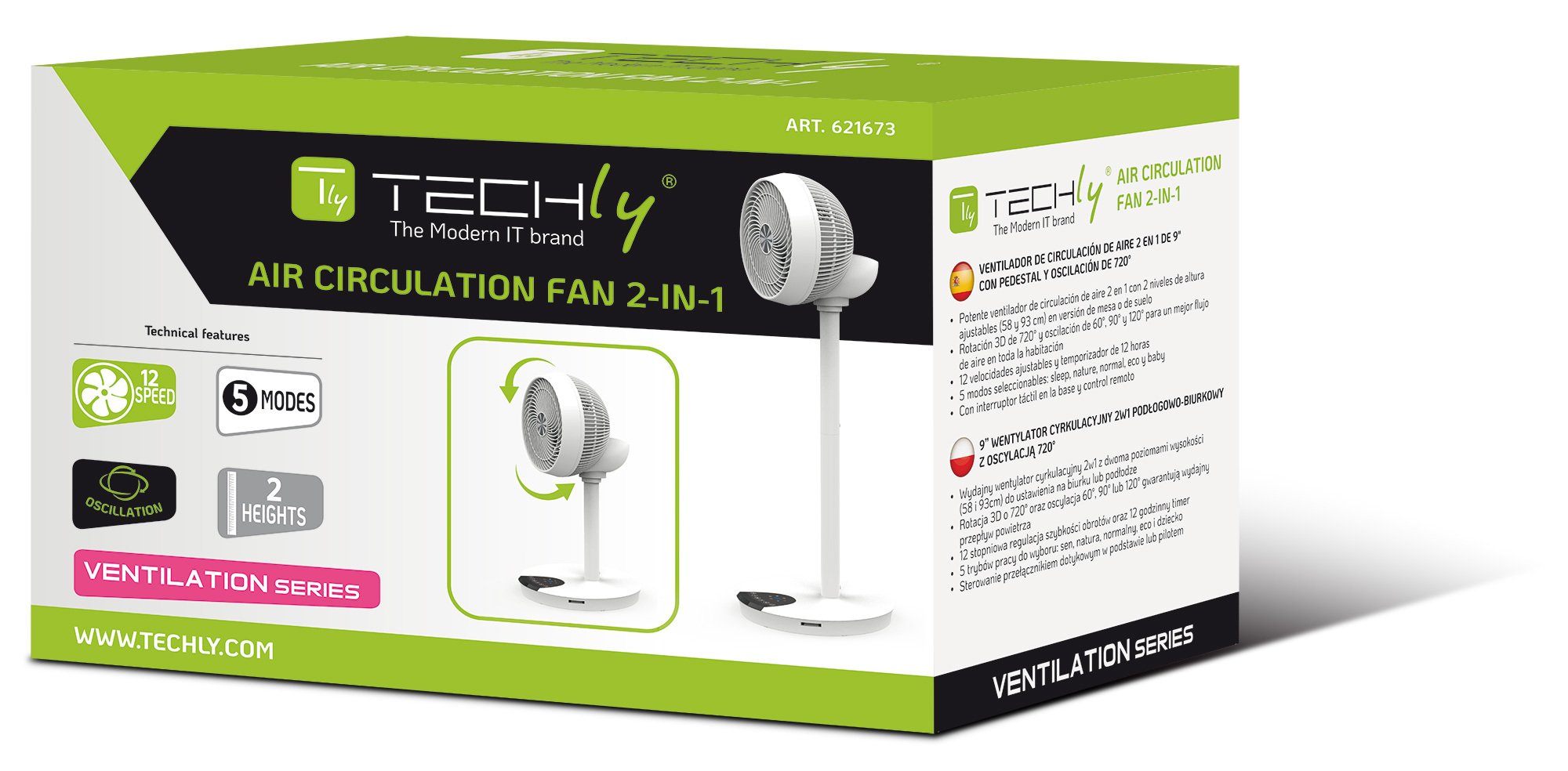 Ventilatore 9'' 2 in 1 con Piantana a 2 Altezze 12 Velocità con Telecomando Oscillazione a 720° e Timer TECHLY - immagine 2