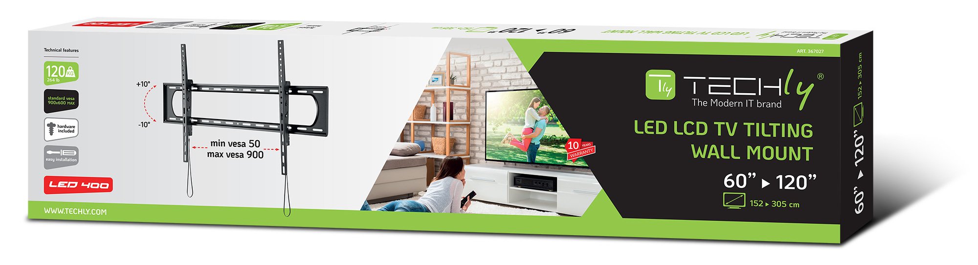 Staffa a Muro Inclinabile Slim TV LED LCD 60-120'' TECHLY - immagine 2