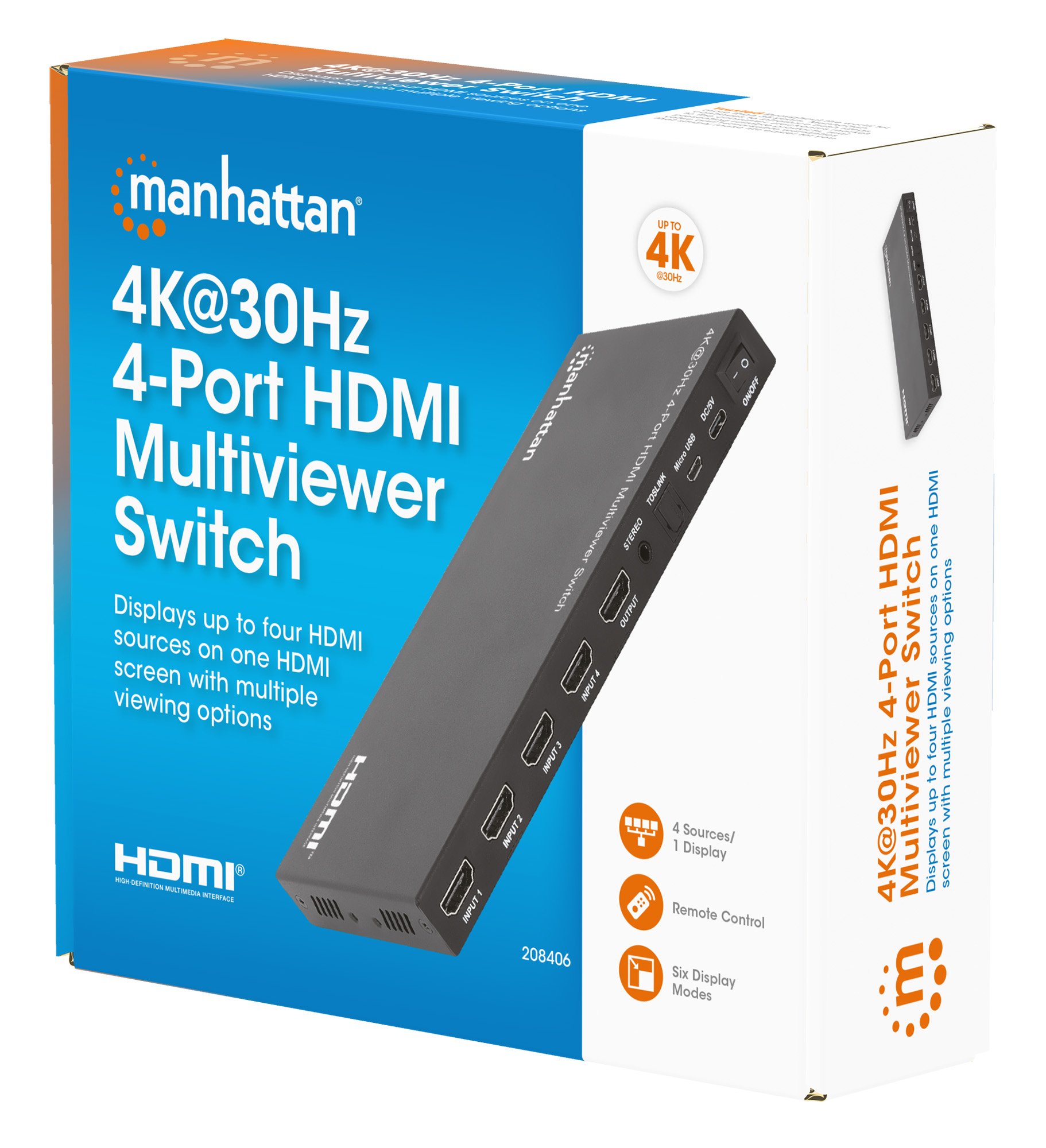 Switch Multiviewer HDMI 4K@30Hz 4x1 Nero MANHATTAN - immagine 2
