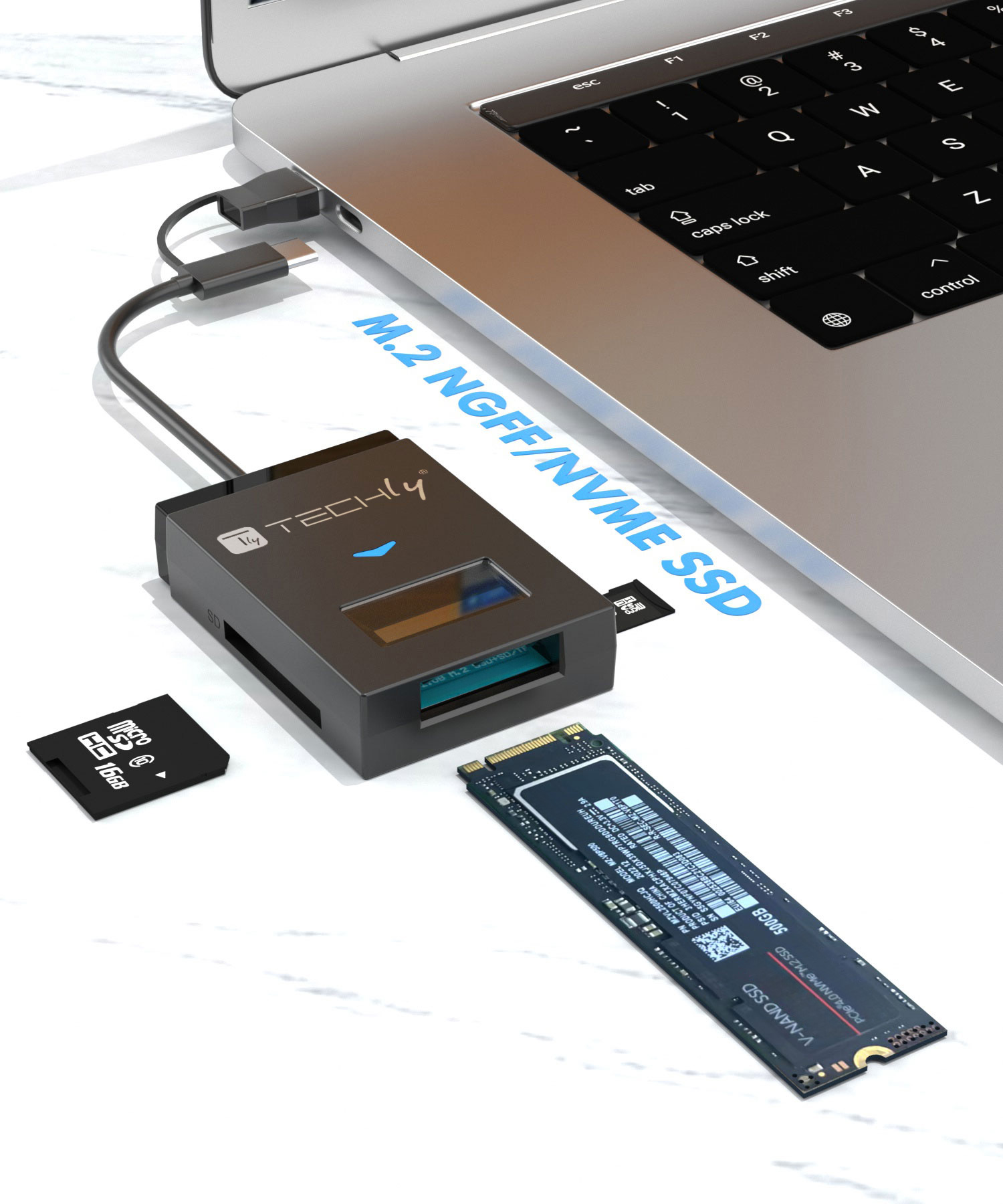 Adattatore USB-A/USB-C™ a NVME/SATA M.2 con Lettore Memorie SD/TF TECHLY - immagine 10