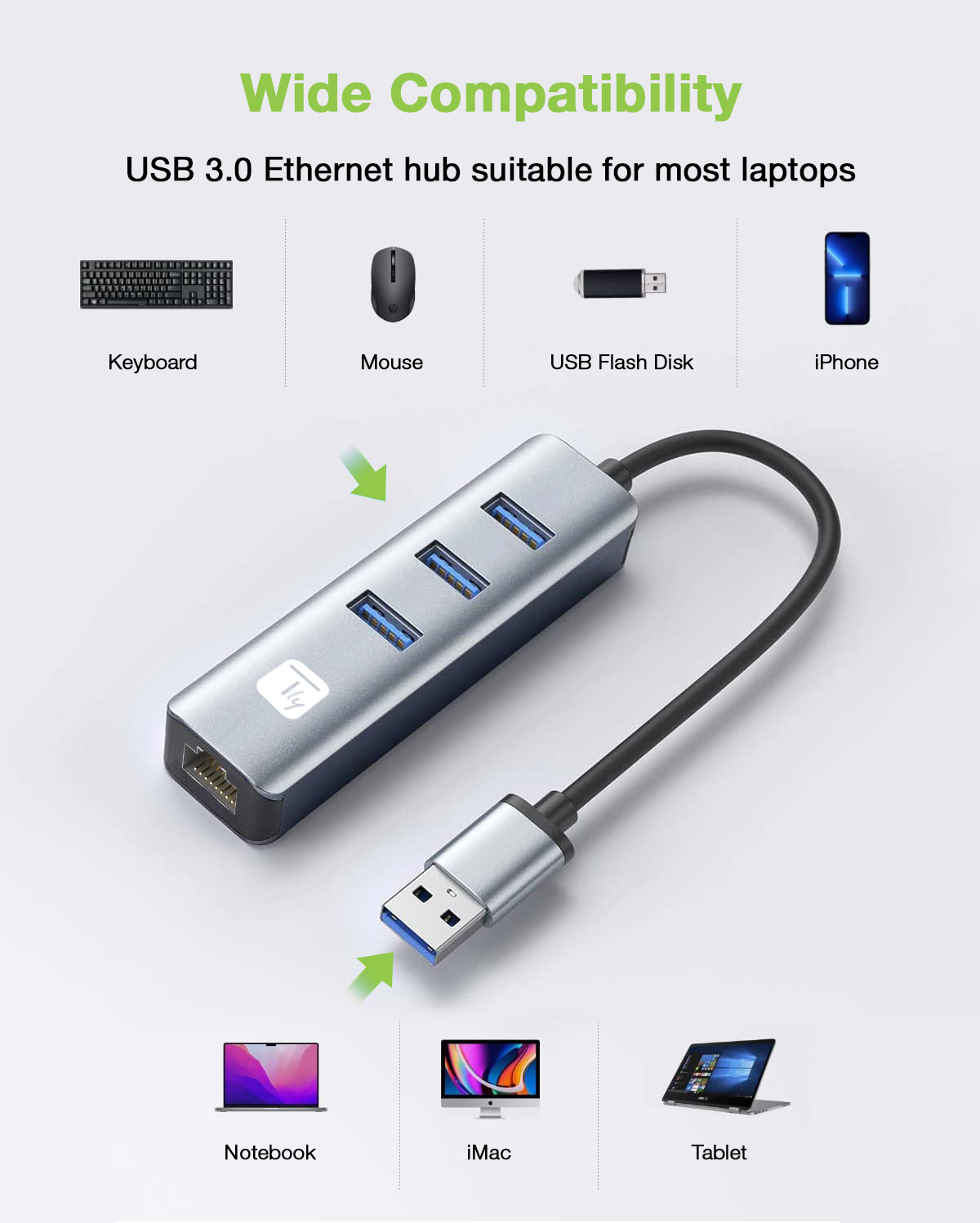 Adattatore Convertitore USB tipo A a RJ45 Gigabit con Hub 3 Porte USB 5 Gbps TECHLY - immagine 10
