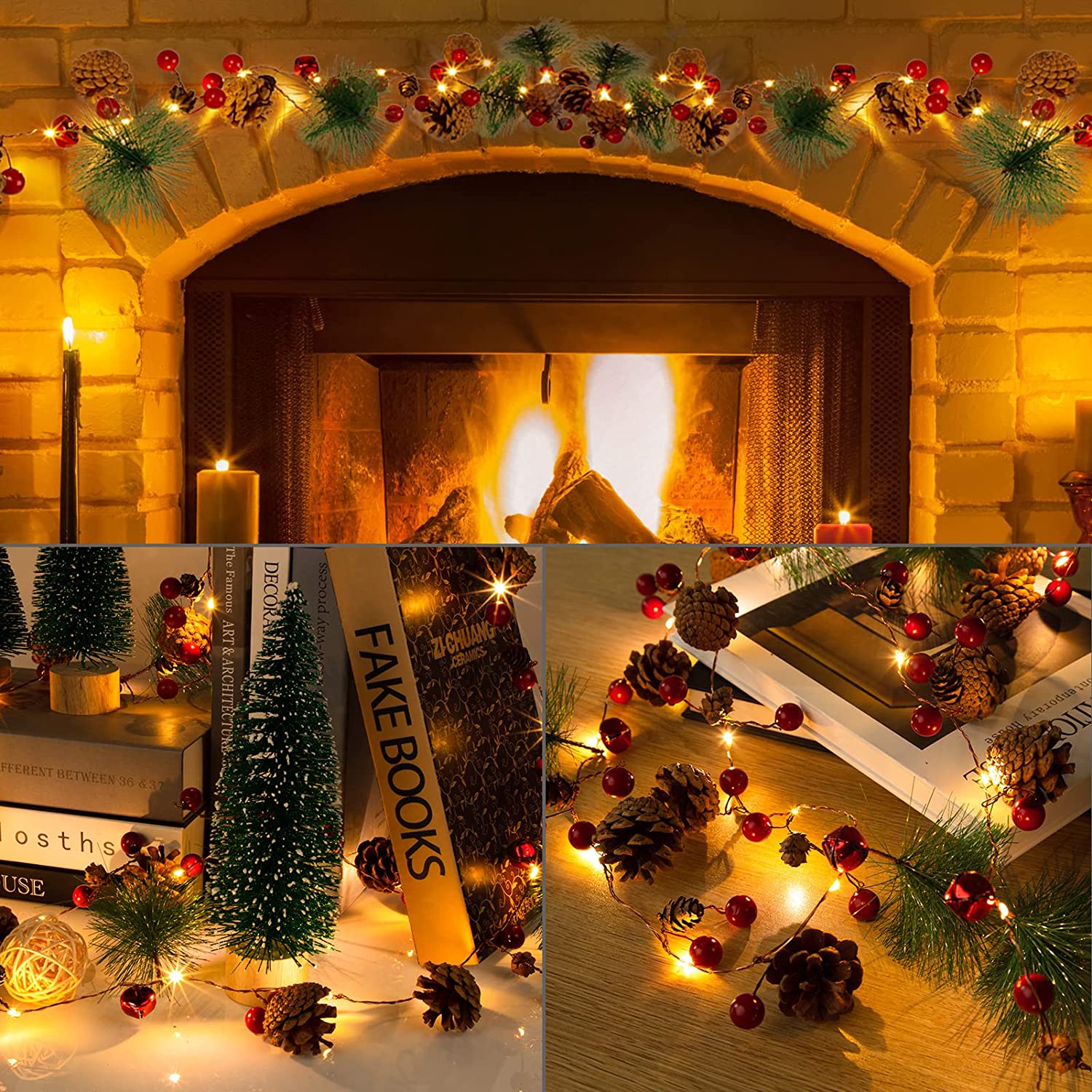 20 Luci LED in Filo d'argento Pigne e Bacche Rosse GOOBAY - immagine 10