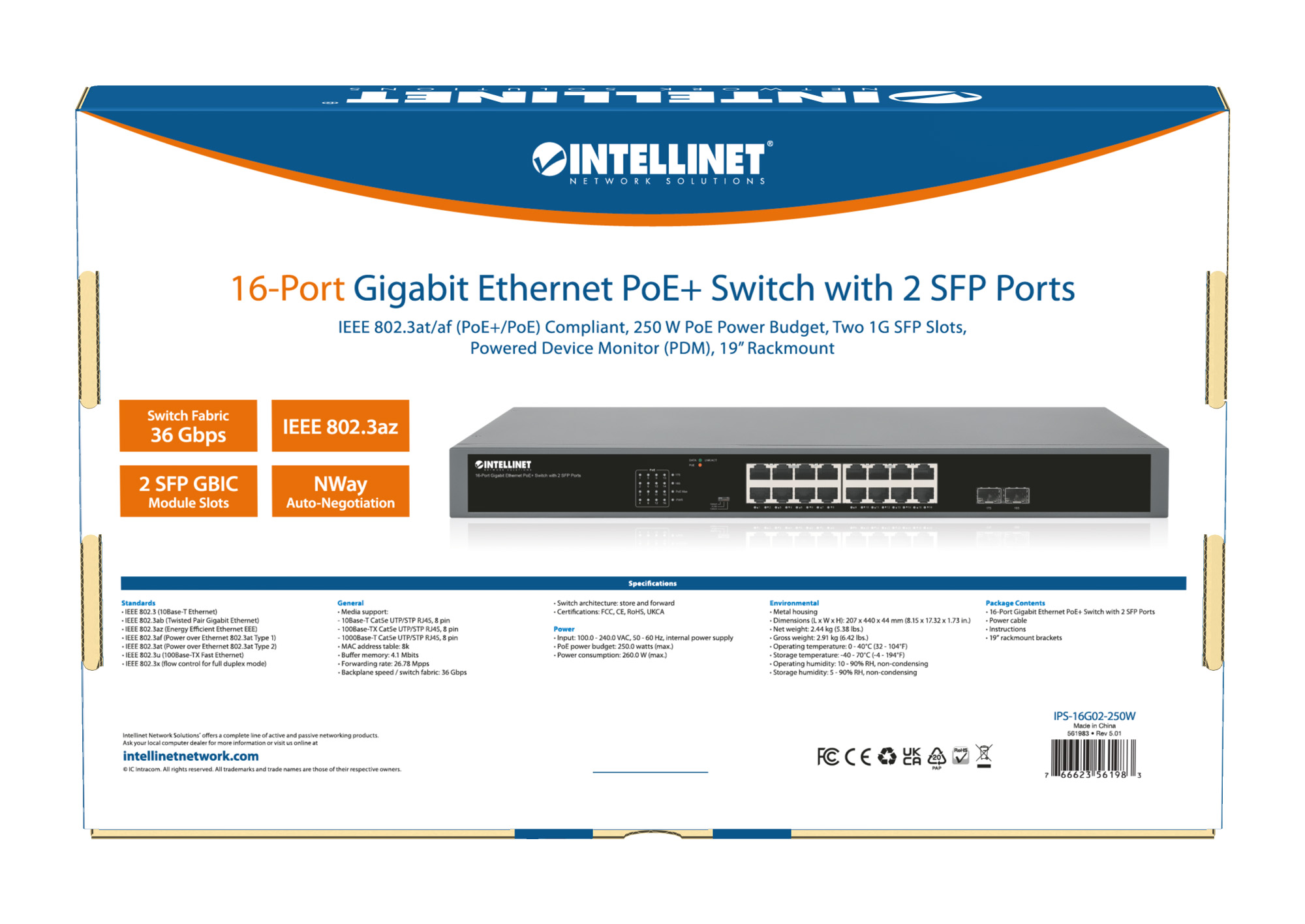 Gigabit Ethernet Switch PoE+ 16 porte con 2 porte SFP INTELLINET - immagine 10