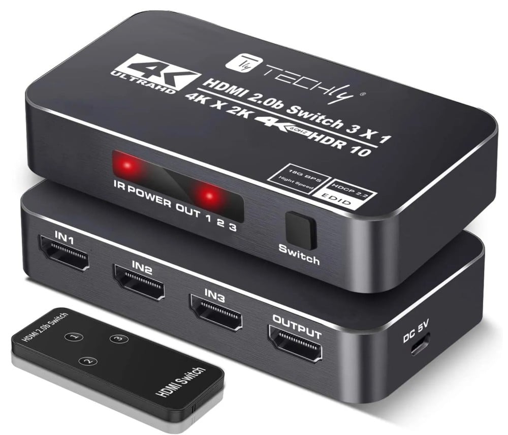 Switch HDMI 2.0b 3in 1out 4K HDR HDCP2.2 con Telecomando TECHLY
