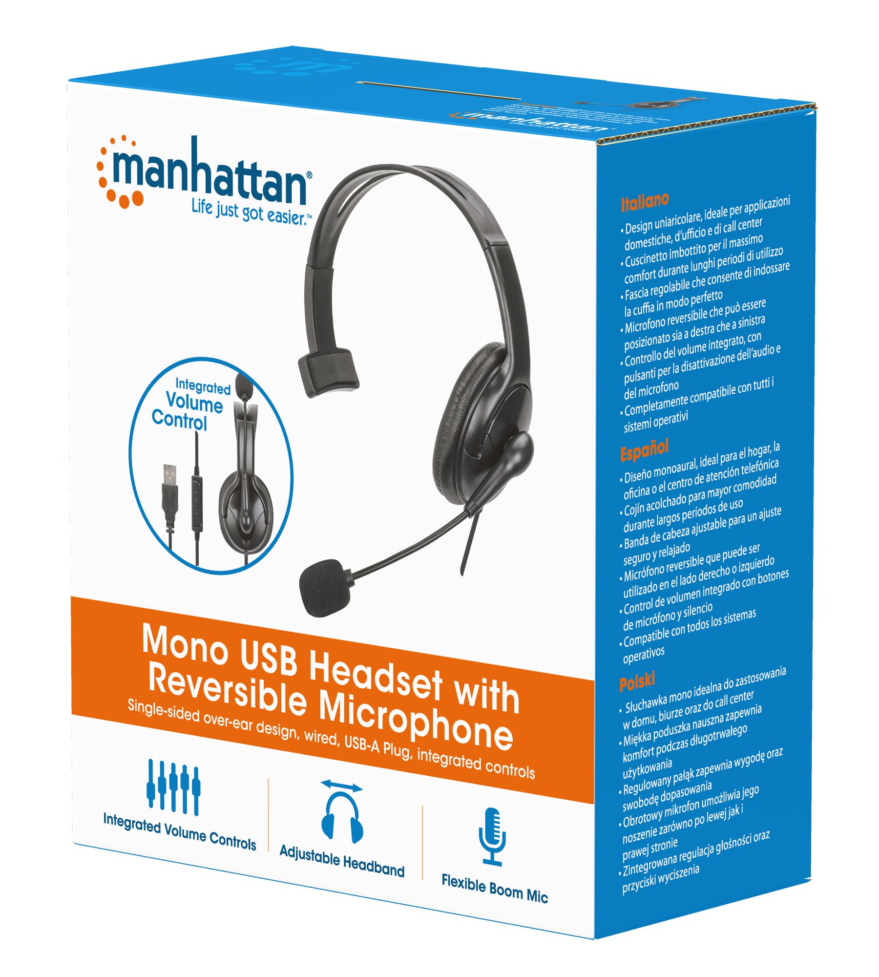 Cuffia Mono USB con Microfono Reversibile Cavo 2m MANHATTAN - immagine 10