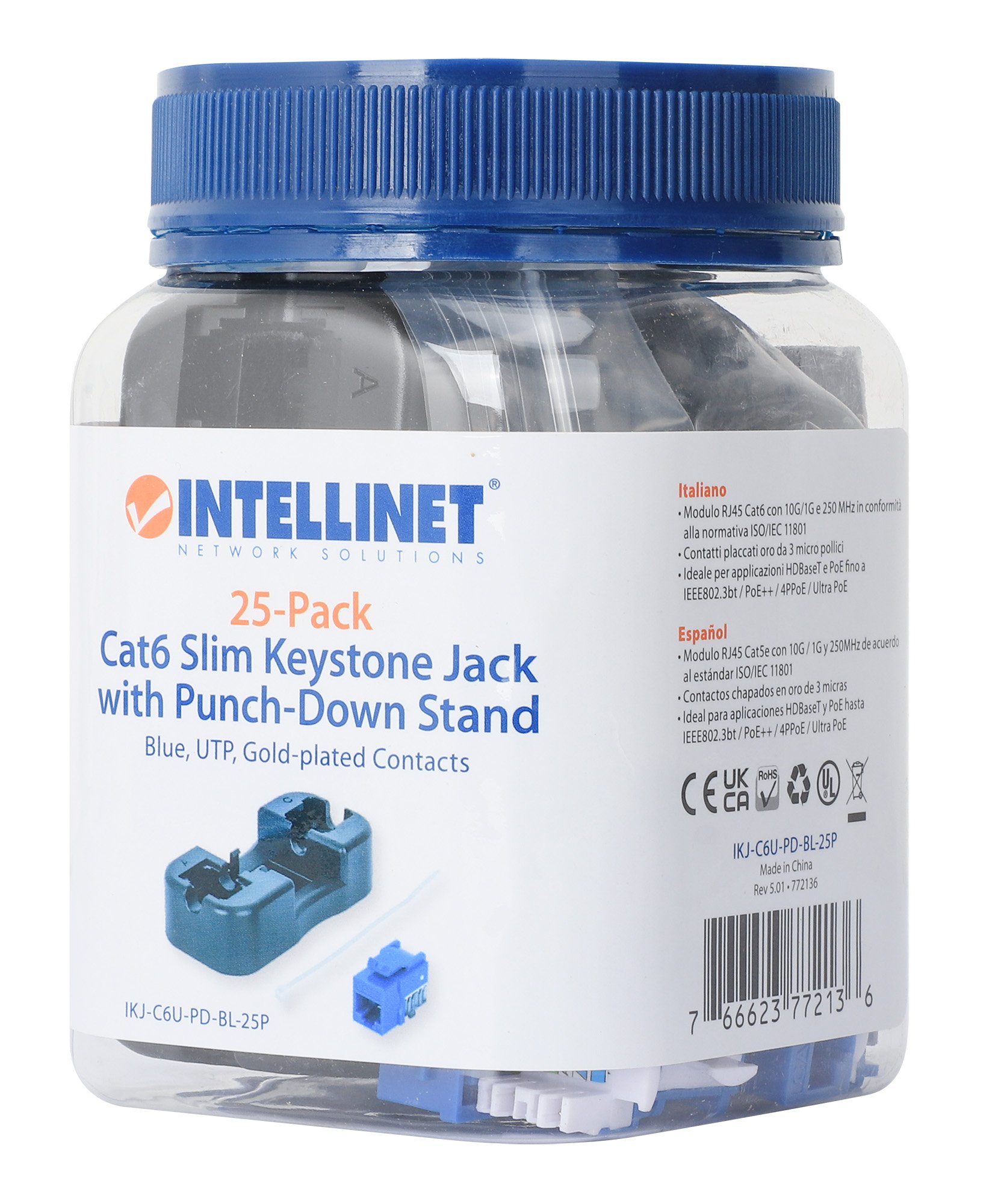Frutto Keystone Slim Cat.6 per Cavo Rigido con Supporto Punch-Down 25 pz Blu INTELLINET - immagine 10