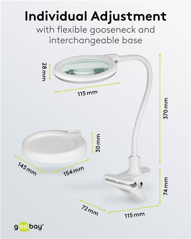 Lampada LED con Lente d'ingrandimento Base di Appoggio e Clip da Tavolo 6W Bianco GOOBAY - immagine 3