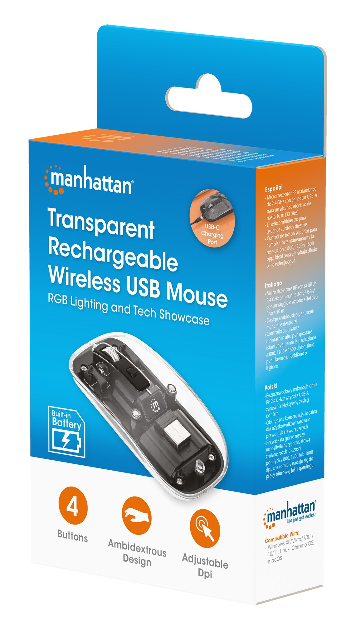 Mouse Ottico Wireless 800-1600 dpi con Micro Ricevitore USB Bianco Trasparente MANHATTAN - immagine 2