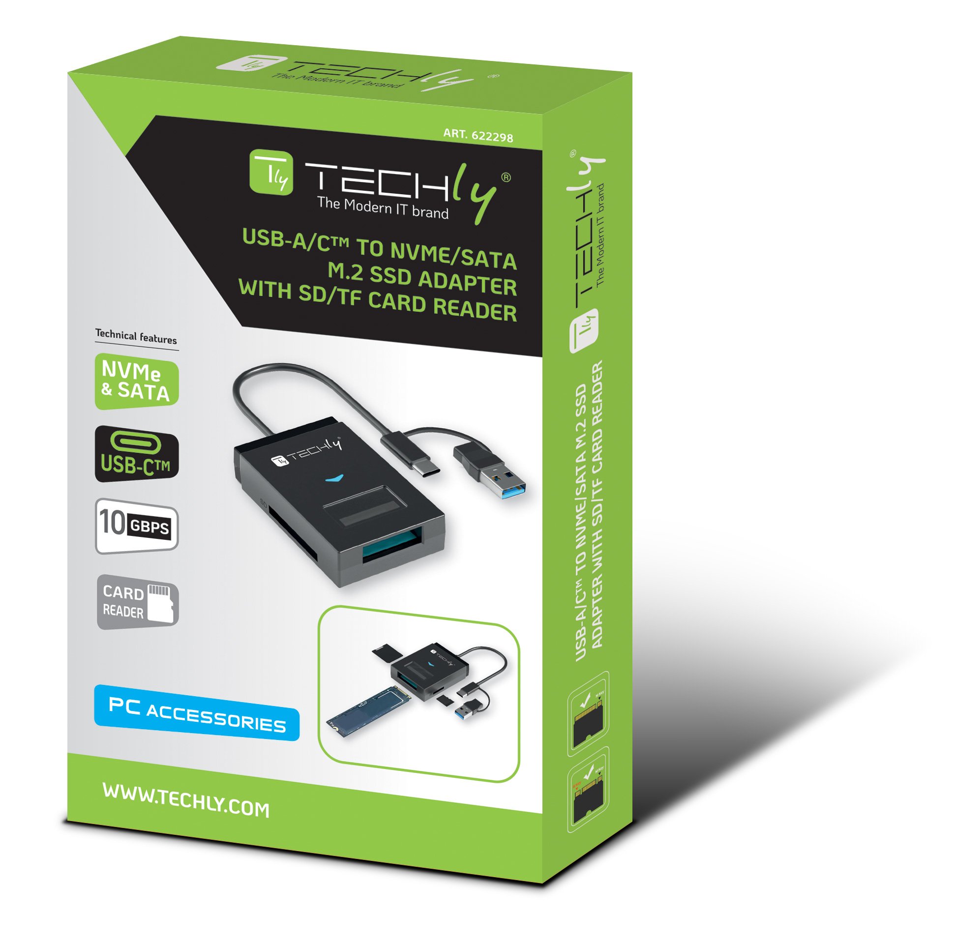 Adattatore USB-A/USB-C™ a NVME/SATA M.2 con Lettore Memorie SD/TF TECHLY - immagine 2