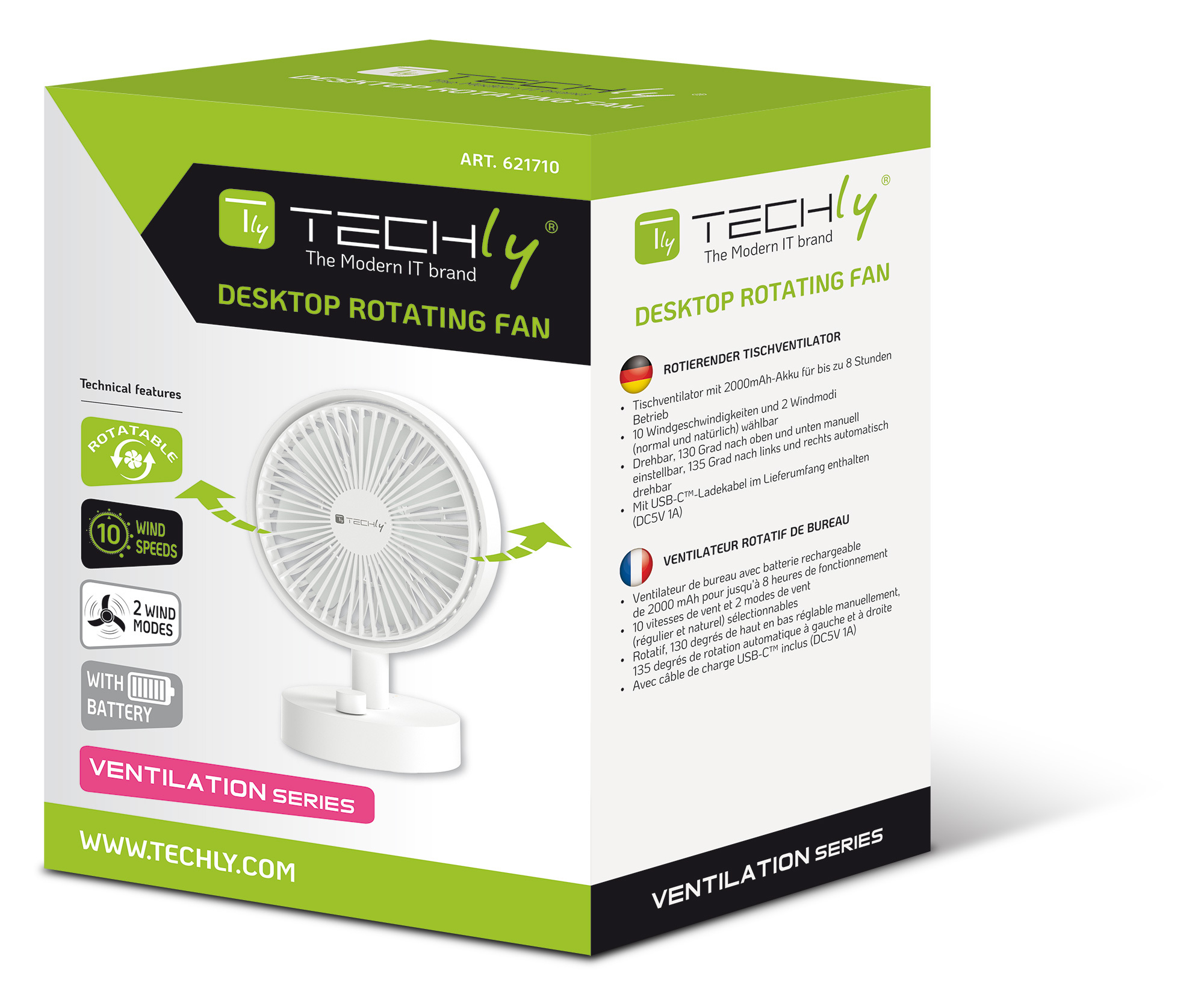 Mini Ventilatore Rotante da Tavolo a 10 Velocità Ricarica USB-C™ TECHLY - immagine 2