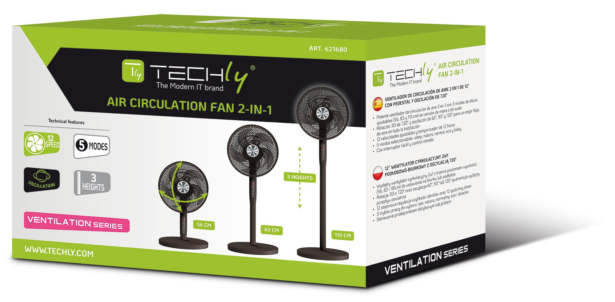 Ventilatore 12'' 2 in 1 con Piantana a 3 Altezze 12 Velocità con Telecomando Oscillazione a 720° e Timer TECHLY - immagine 2
