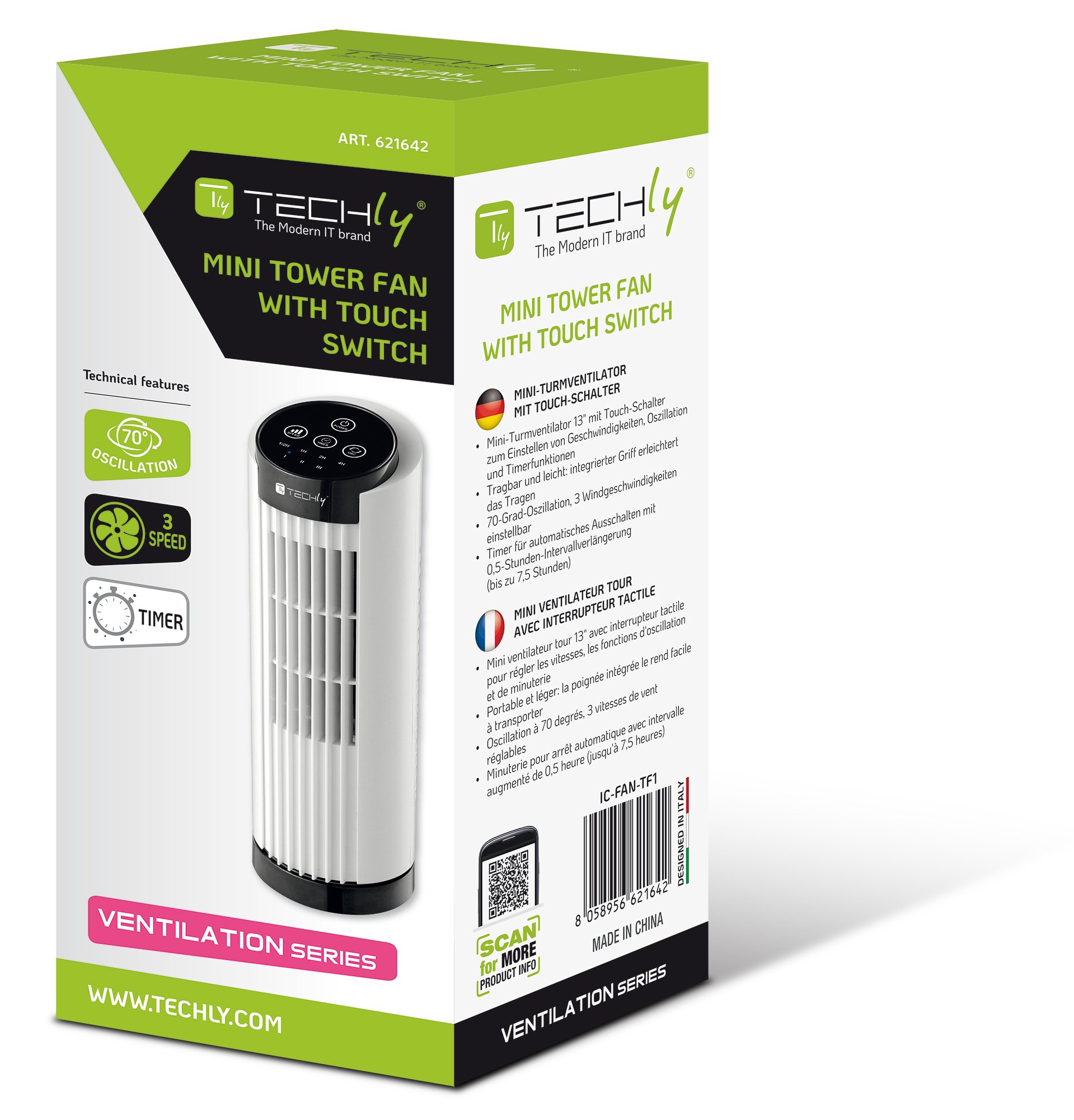 Mini Ventilatore a Torre 13'' 3 Velocità con Interruttore Touch Oscillazione 70° e Timer TECHLY - immagine 2