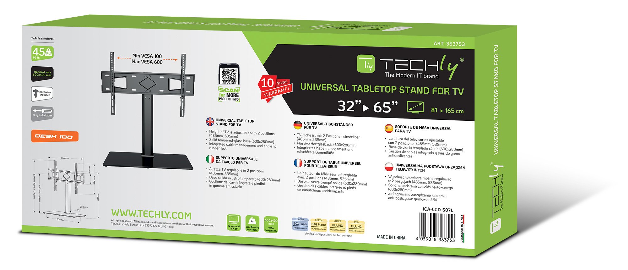 Supporto Universale da Tavolo per TV da 32'' a 65'' TECHLY - immagine 2