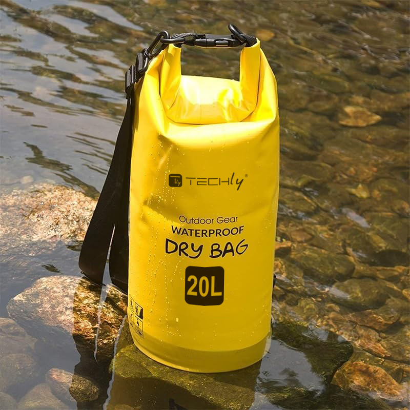 Sacca Impermeabile 20L Dry Bag con Tracolla Regolabile Giallo TECHLY - immagine 2