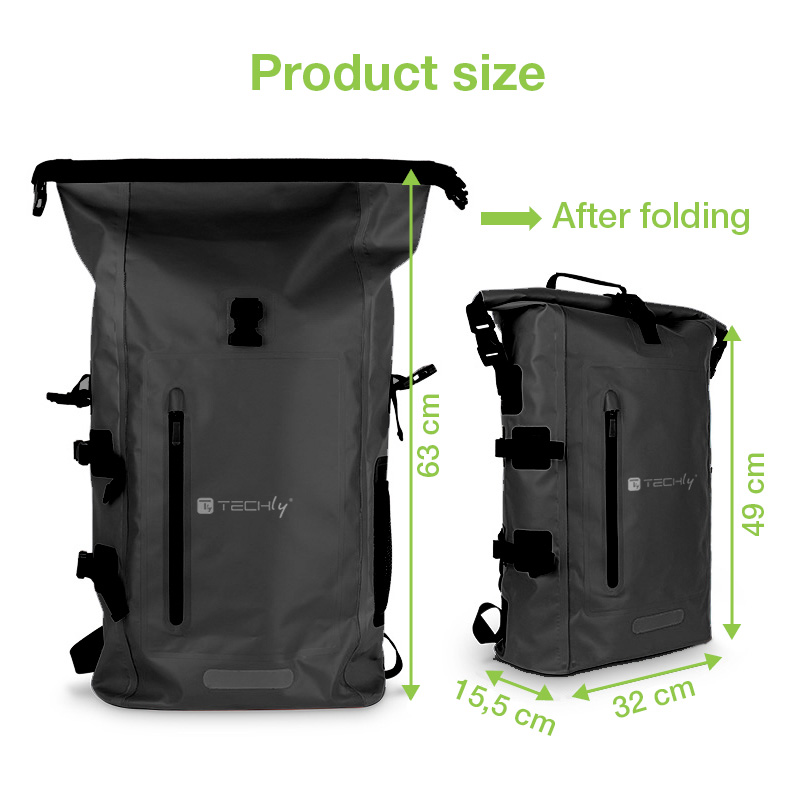 Zaino Impermeabile 25L Roll-Top con Striscia Riflettente Nero TECHLY - immagine 2