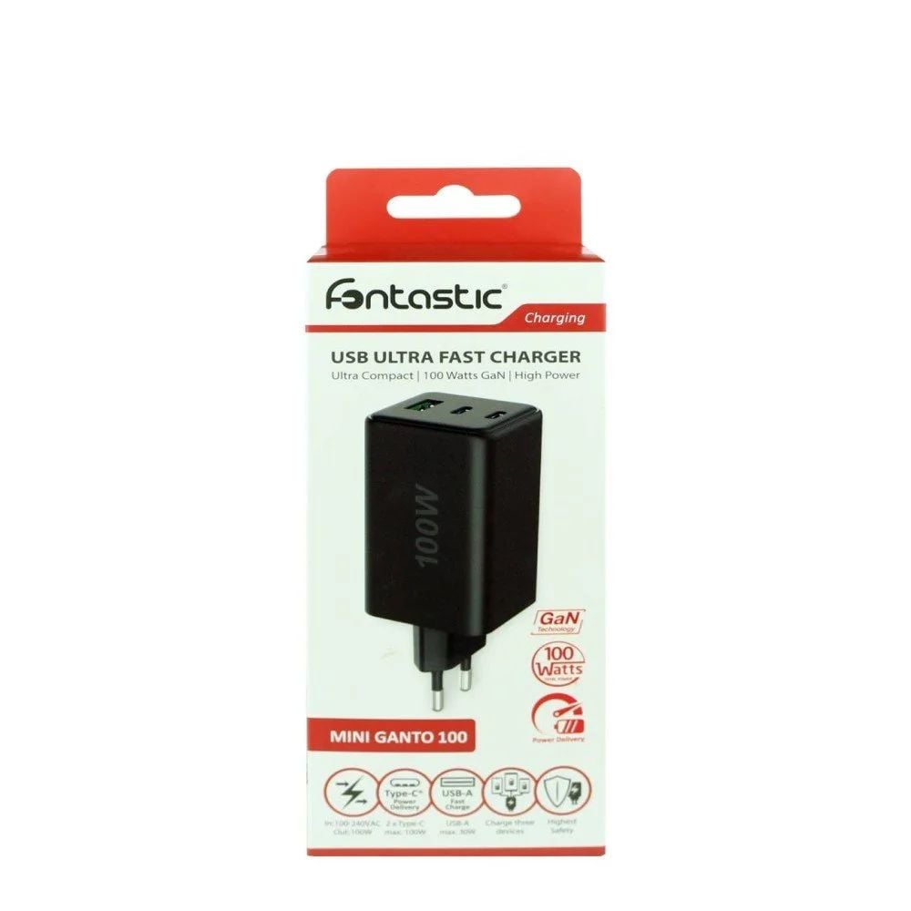 Caricatore Alimentatore GaN 100W 2x USB-C™ 1x USB-A Power Delivery Fast Charger Nero FONTASTIC - immagine 2