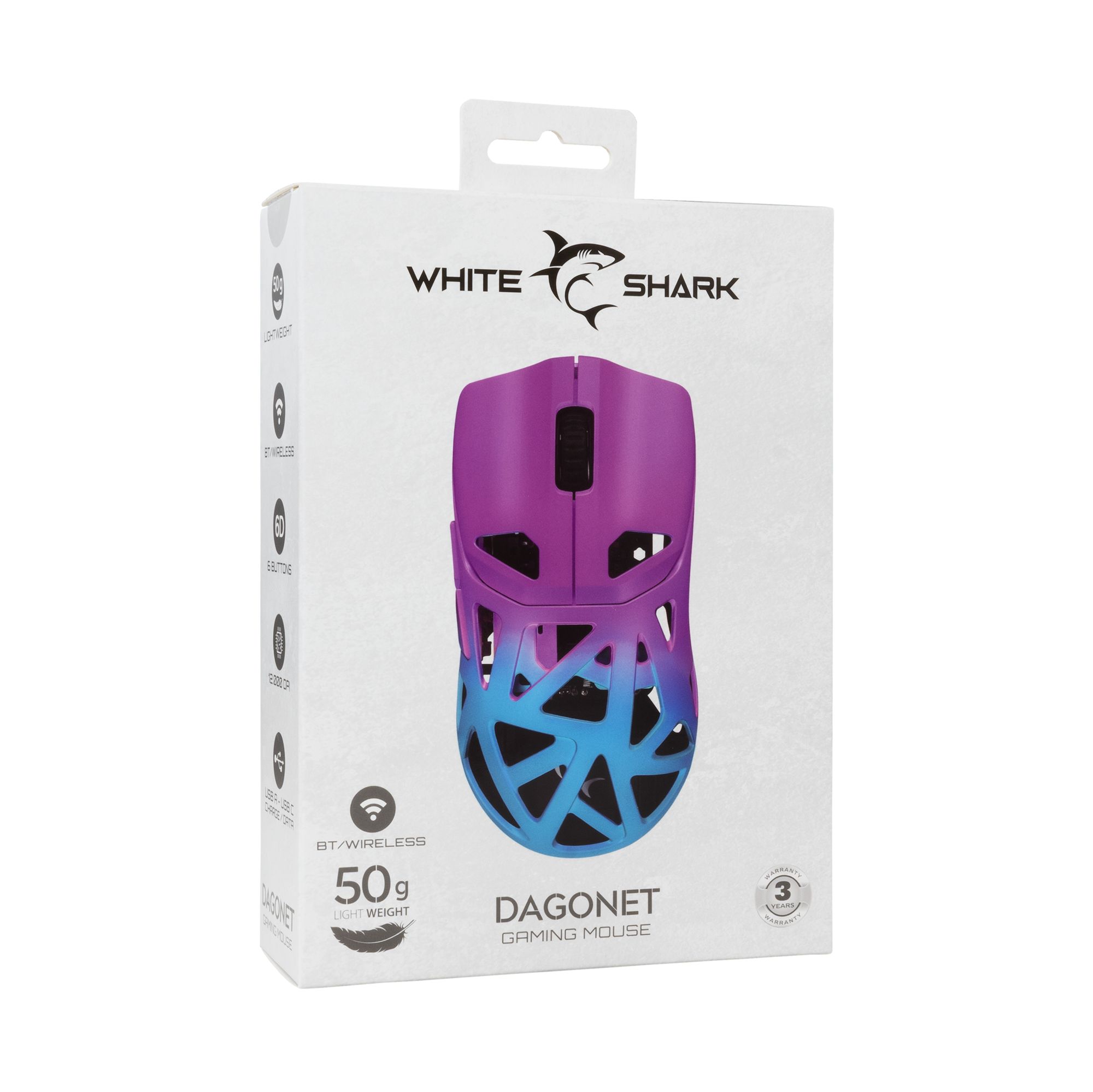Mouse Ottico Wireless Gaming 24000 Dpi Retroilluminazione DPI LED Blu Viola, DAGONET-BLP WHITE SHARK - immagine 2