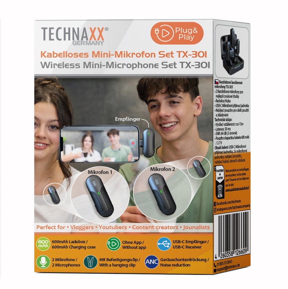 Set 2 Mini Microfoni Lavalier Wireless con Ricevitore USB-C™ e Custodia di Ricarica, TX301 TECHNAXX - immagine 2