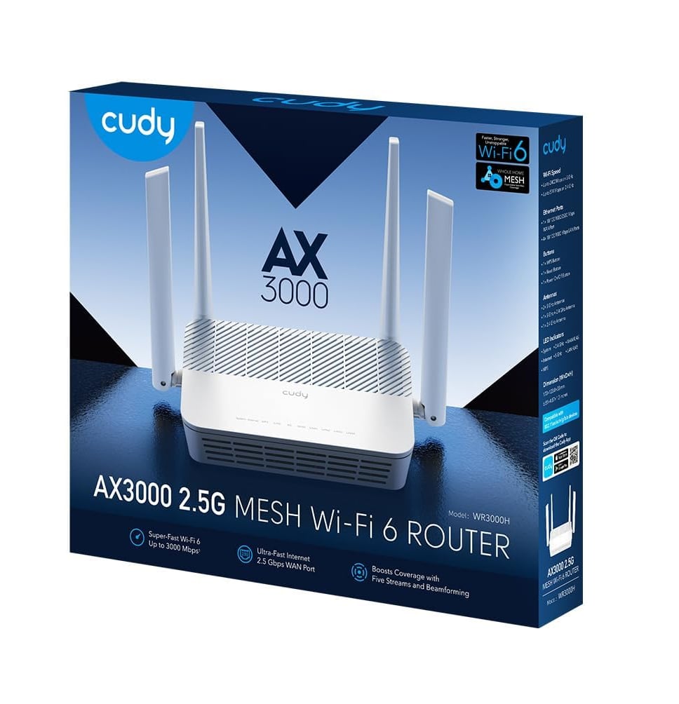 Mesh Router Wi-Fi 6 AX3000 Dual Band 2,5 Gbps WAN, WR3000H CUDY