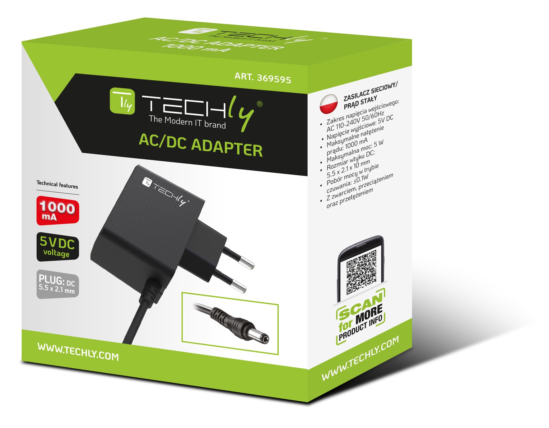 Alimentatore AC/DC 5V 1A Plug 5.5x2.1 mm Slim Nero TECHLY - immagine 2