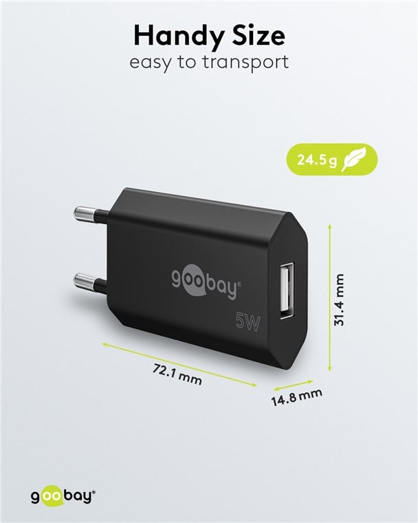 Caricatore USB 1A 5W Compatto Spina Europea Nero GOOBAY - immagine 2