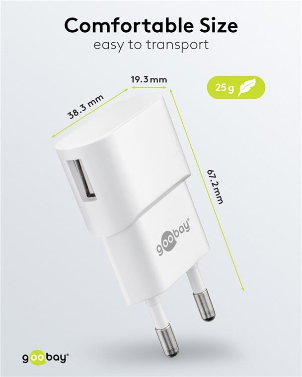 Caricatore USB 1A 5W Compatto Spina Europea Bianco GOOBAY - immagine 2