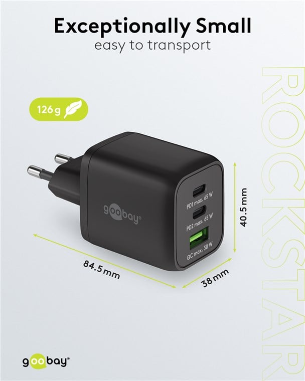 Nano Caricatore Alimentatore GaN 2xUSB-C™ (PD) + USB-A (QC) da Muro 65W Nero GOOBAY - immagine 2