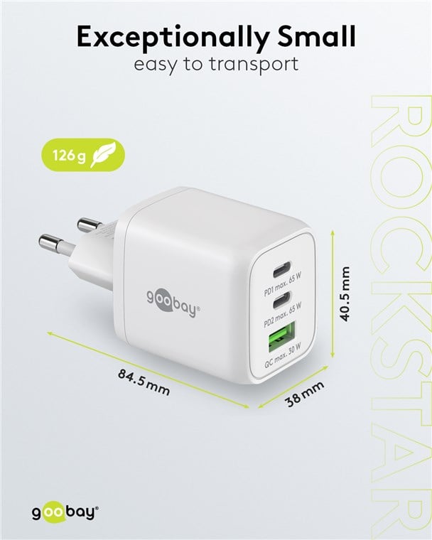 Nano Caricatore Alimentatore GaN 2xUSB-C™ (PD) + USB-A (QC) da Muro 65W Bianco GOOBAY - immagine 2