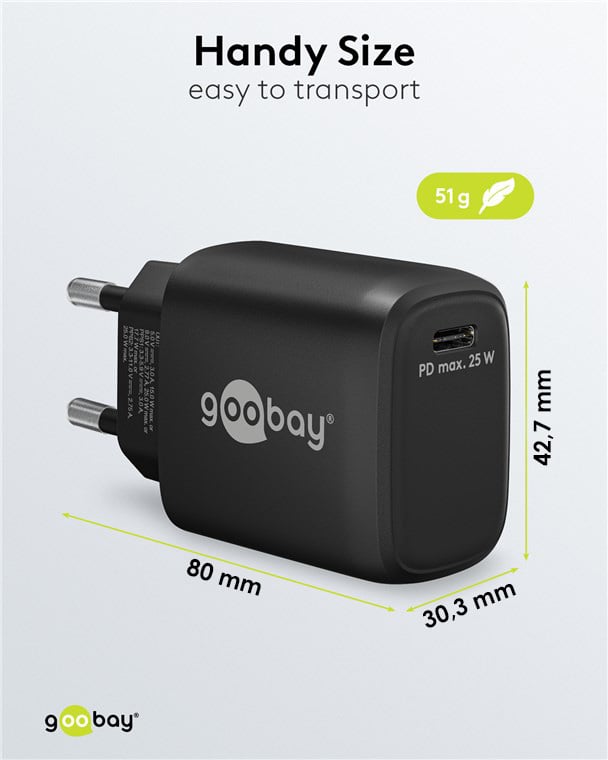 Caricatore Alimentatore GaN USB-C™ PD da Muro 25W Nero GOOBAY - immagine 2