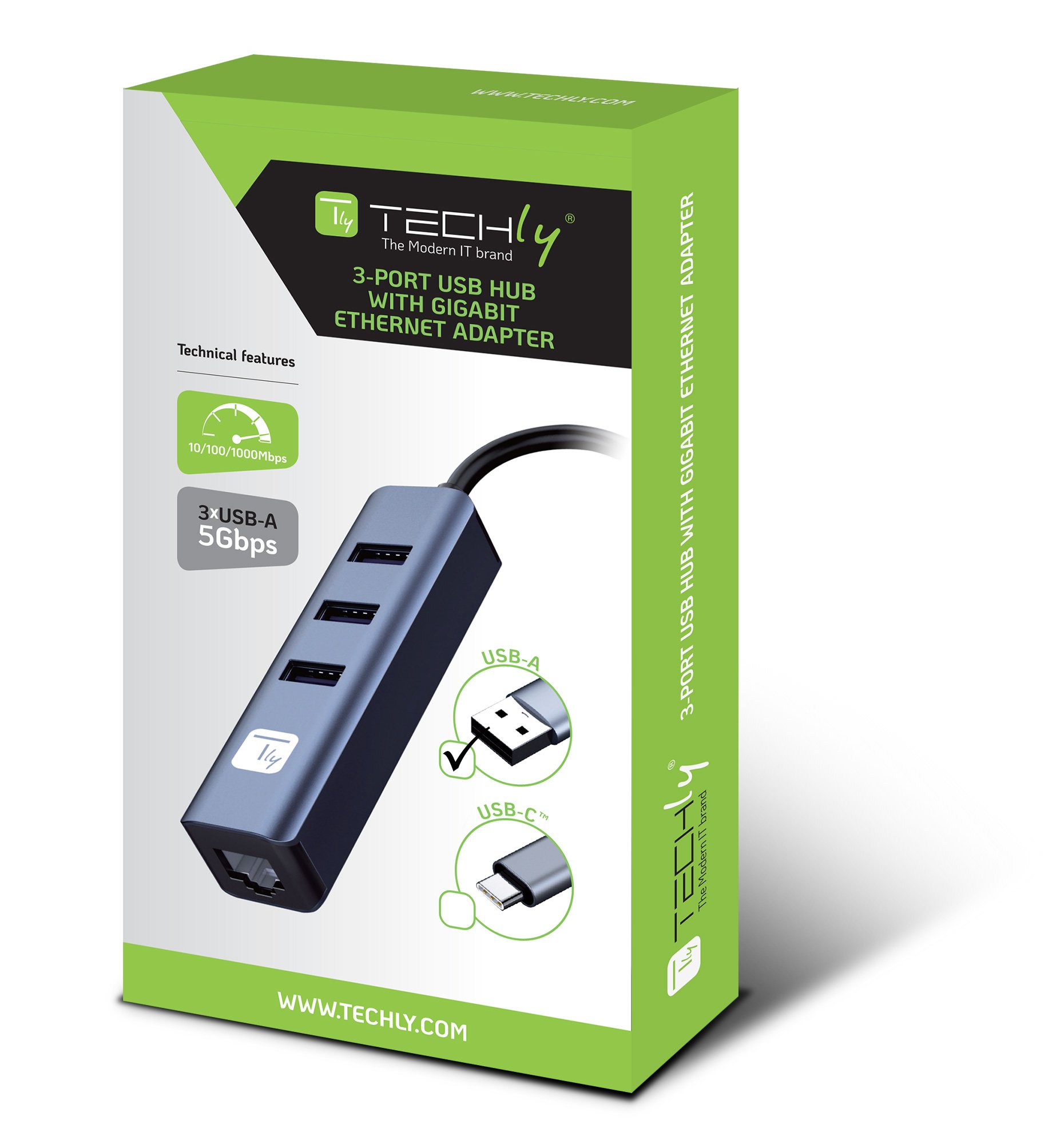 Adattatore Convertitore USB tipo A a RJ45 Gigabit con Hub 3 Porte USB 5 Gbps TECHLY - immagine 2
