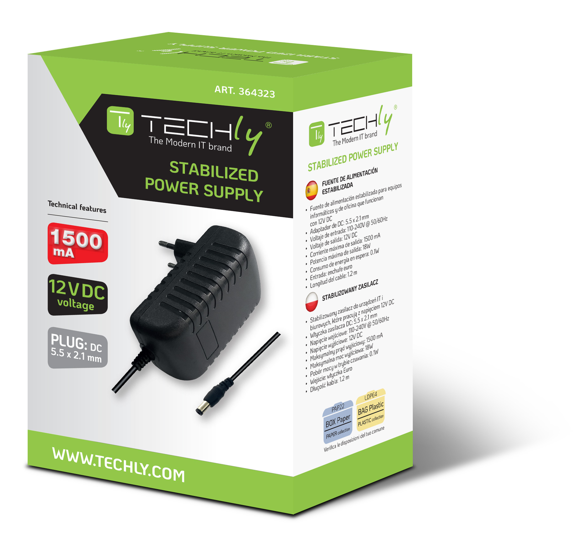 Alimentatore Universale 12V 1500mA Plug 5.5 x 2.1mm Nero TECHLY - immagine 2