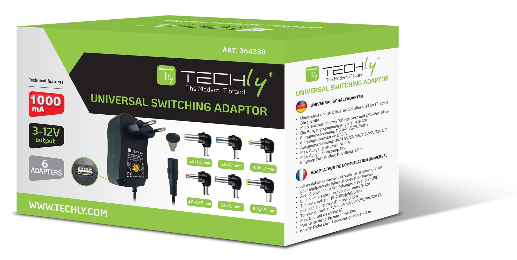Alimentatore Universale Regolabile 7,2W AC/DC 3V-12V 600 mA con 6 Spine DC Porta USB 1A TECHLY - immagine 2