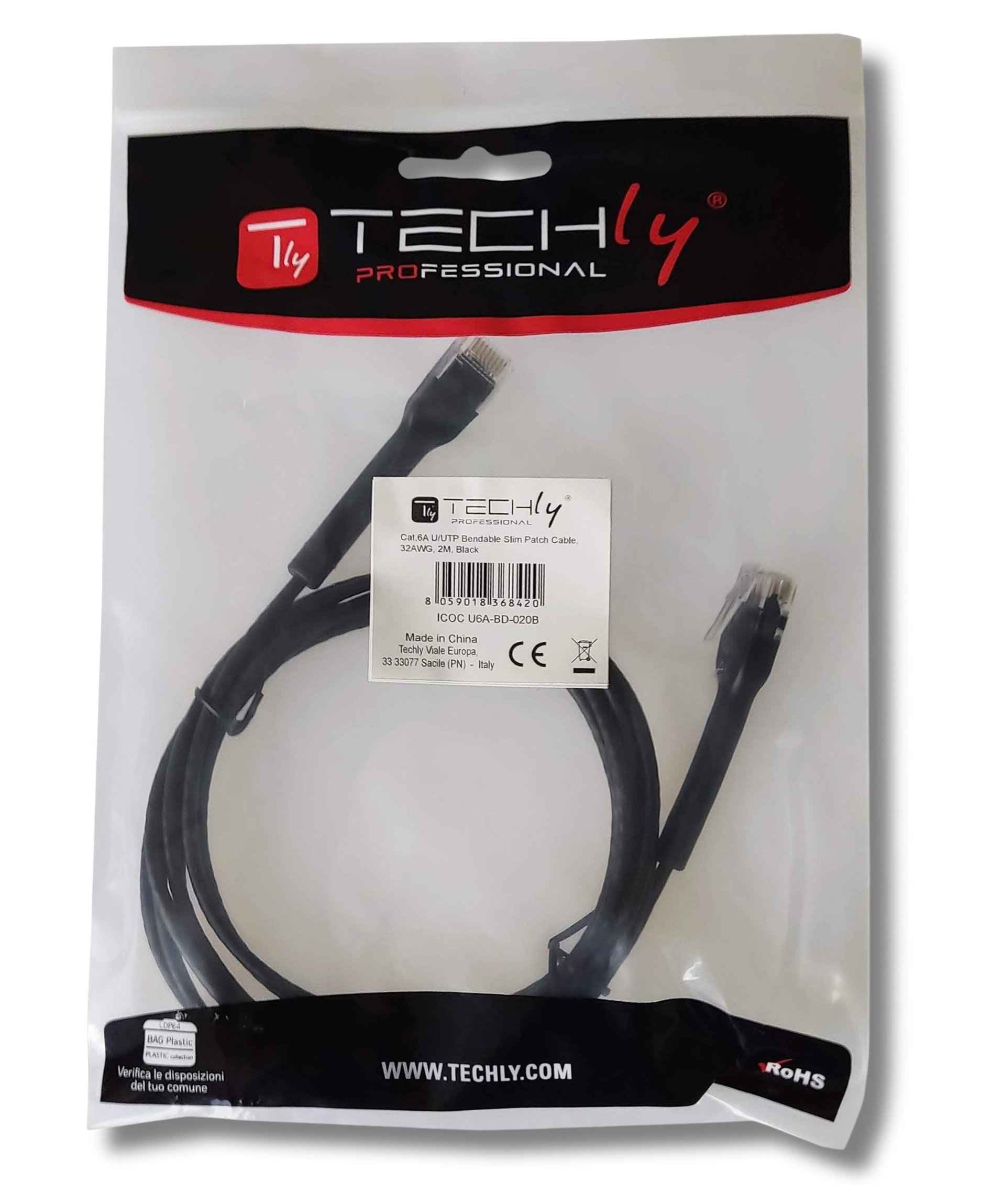 Cavo Slim Patch di Rete Pieghevole in Rame Cat.6A U/UTP 0,5m Nero TECHLY PROFESSIONAL - immagine 2