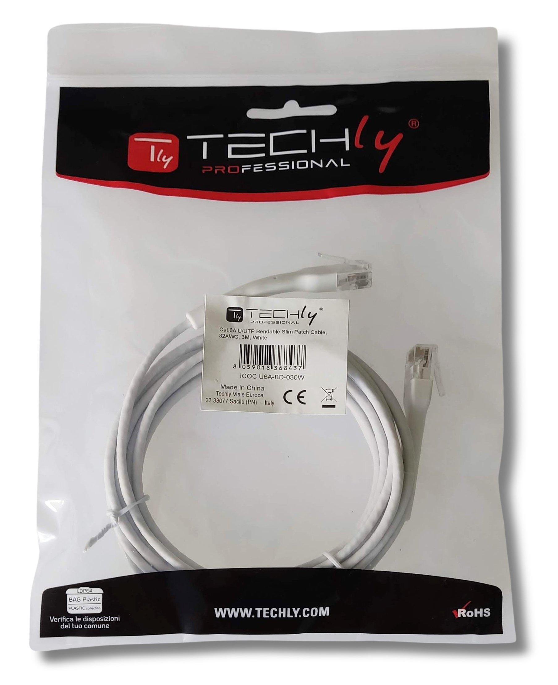 Cavo Slim Patch di Rete Pieghevole in Rame Cat.6A U/UTP 3 metri Bianco TECHLY PROFESSIONAL - immagine 2