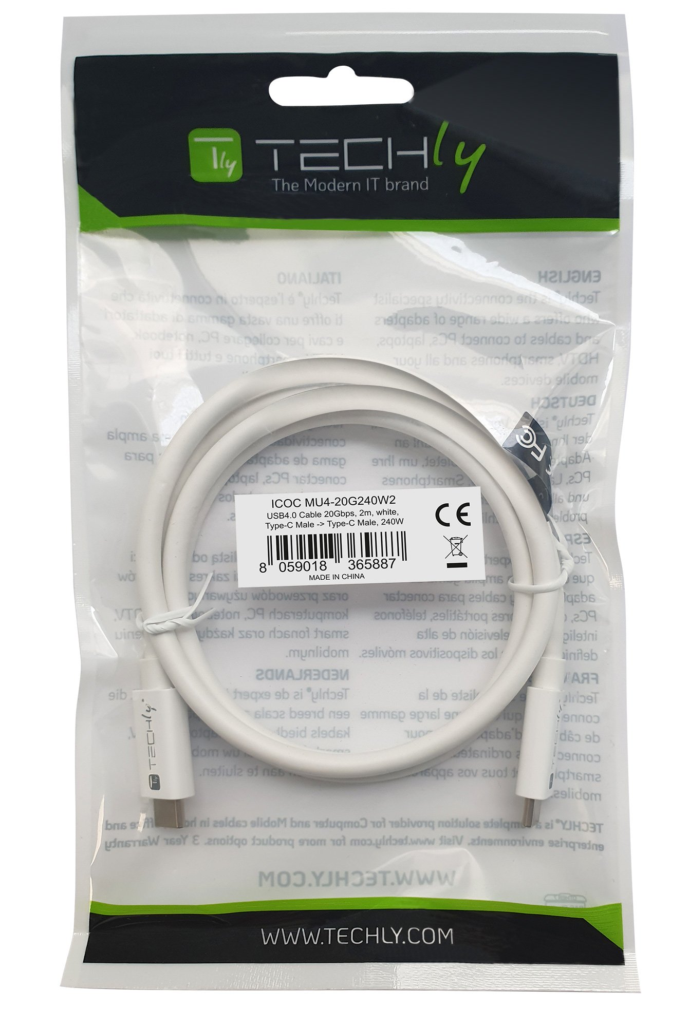 Cavo USB4 Gen2 EPR USB-C™ M/M 20G 240W PD3.1 4K E-Mark Certificato 2m TECHLY - immagine 2