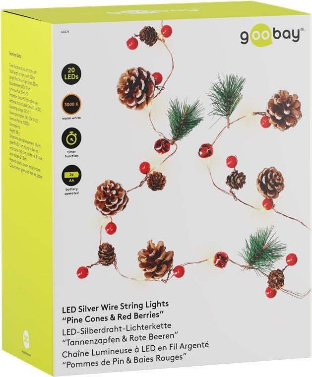 20 Luci LED in Filo d'argento Pigne e Bacche Rosse GOOBAY - immagine 2