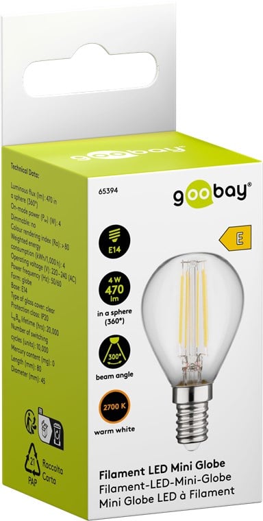 Lampadina Mini Globo E14 a Filamento Bianco Caldo 4W, Classe E GOOBAY - immagine 2