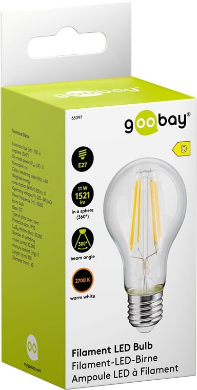 Lampadina LED E27 Bianco Caldo 11W Trasparente con Filamento, Classe D GOOBAY - immagine 2