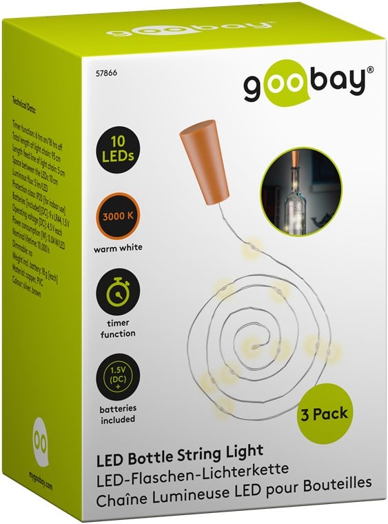 Confezione da 3pz Catena Luminosa per Bottiglie da 10 LED con Timer GOOBAY - immagine 2