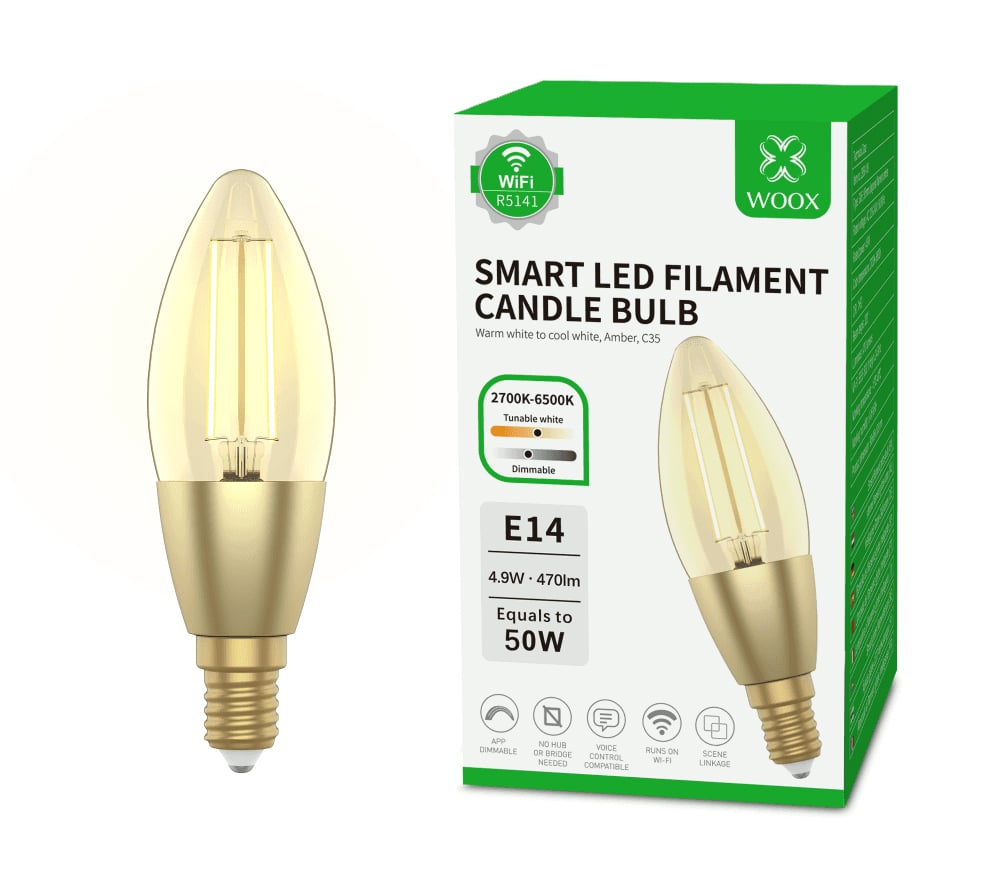 Lampadina Intelligente Candela E14 Ambra Calda 4,9W LED a Filamento Alexa Google Assistant Classe F, R5141 WOOX - immagine 2