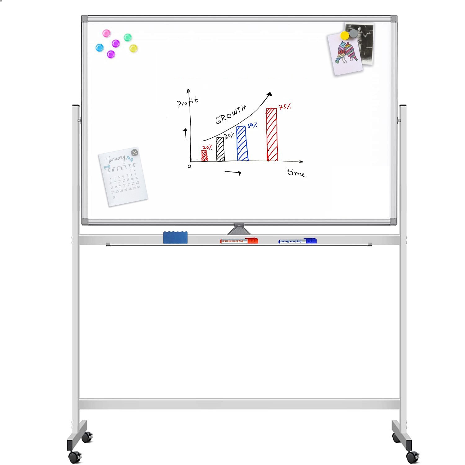 Lavagna Magnetica Bifacciale 90x120 cm con Ruote e Mensola per Pennarelli con Ganci Portablocco TECHLY - immagine 2