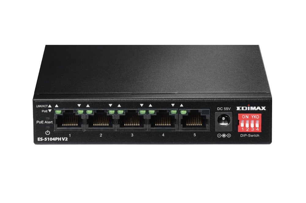 Switch 5 Porte Fast Ethernet a Lungo Raggio con 4 porte PoE+ e Switch DIP, ES-5104PH V2 EDIMAX - immagine 2