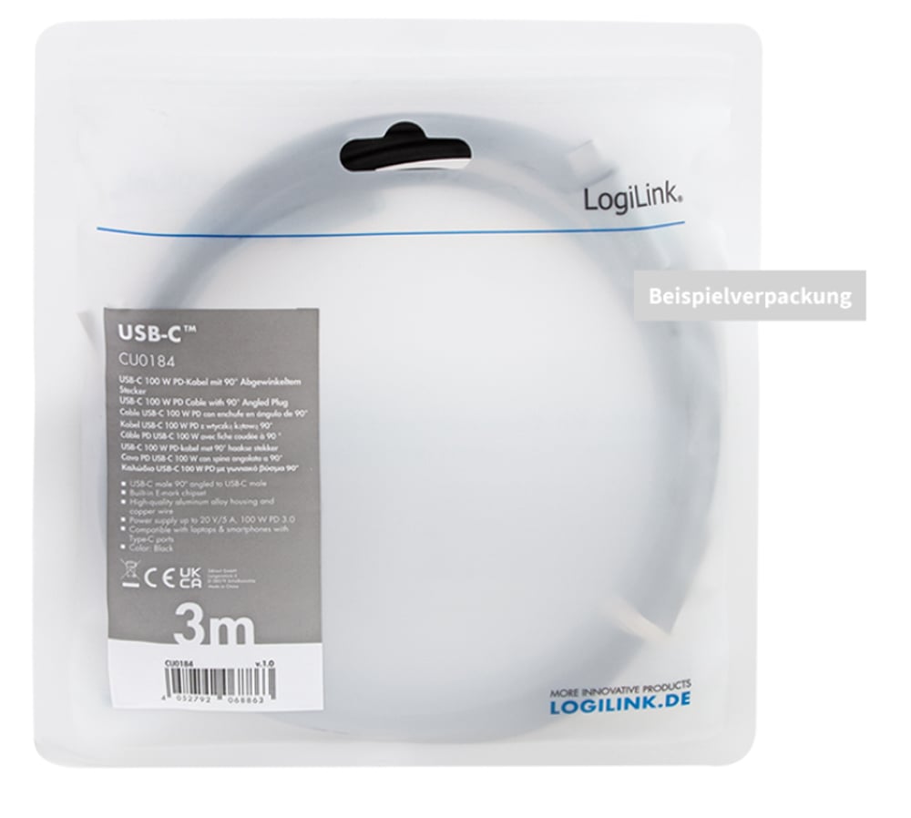 Cavo HighSpeed E-mark PD USB-C™ Maschio Angolato/USB-C™ Maschio Dritto 2m Nero LOGILINK - immagine 2