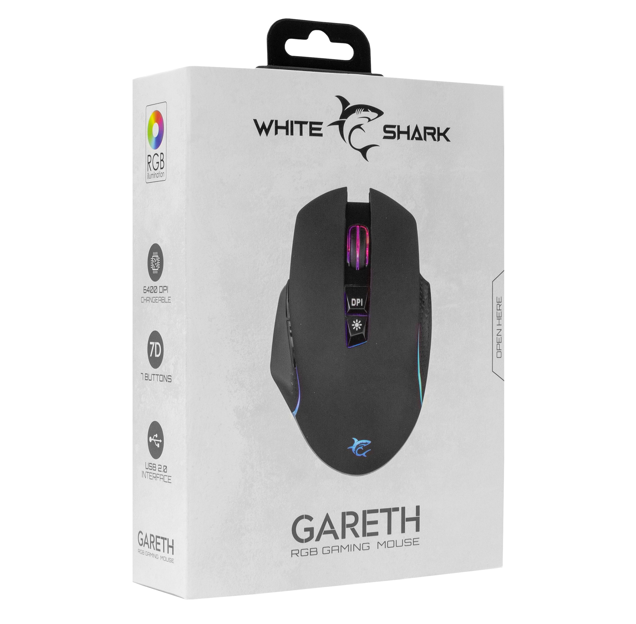 Mouse Ottico Gaming LED RGB con Cavo USB 6400 dpi Nero, GARETH WHITE SHARK - immagine 2