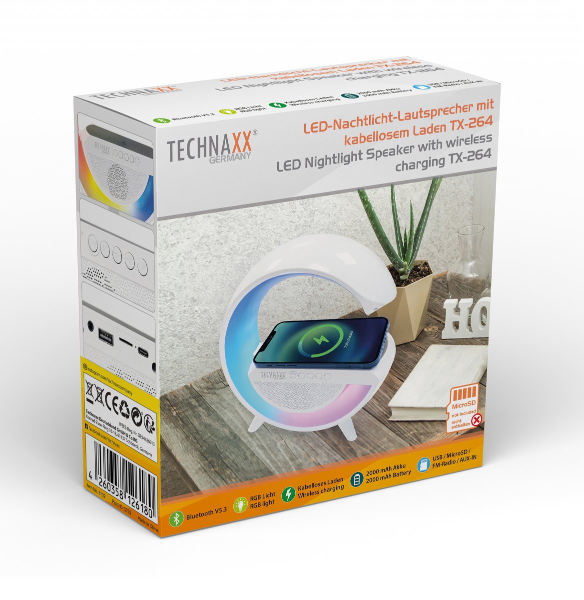 Altoparlante Bluetooth v5.3 con Luce LED e Ricarica Wireless, TX-264 TECHNAXX - immagine 2