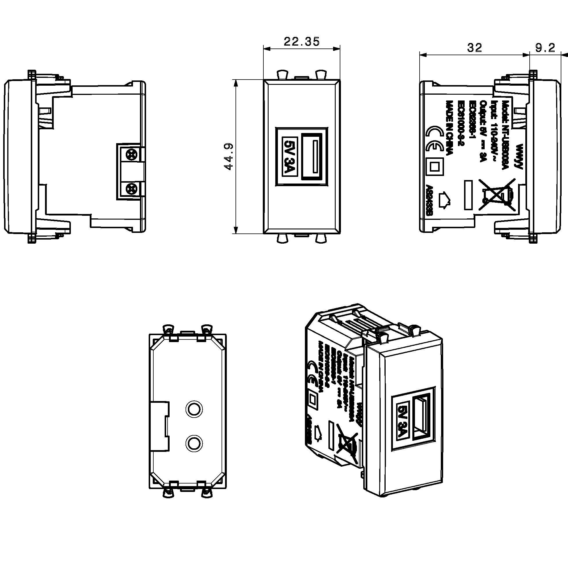 Tekla S44 Caricatore USB-A 3A 240V 1 Modulo Grigio Opaco, 445082USB3A AVE - immagine 2