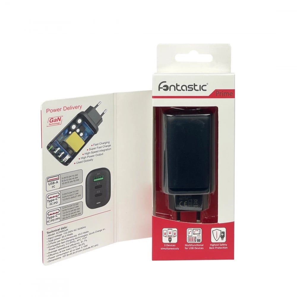 Caricabatterie GaN USB-A e 2 porte USB-C™ Power Delivery 65W Ricarica Rapida Nero FONTASTIC