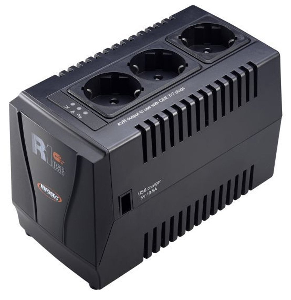 Regolatore automatico di tensione R1 USB 1000VA con 3 Prese Schuko Nero INFOSEC - immagine 2